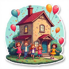 Lively house with balloons and characters celebrating a party