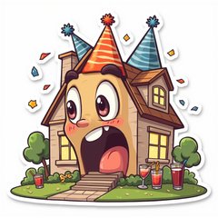 Meme-style house with a surprised expression and party decorations