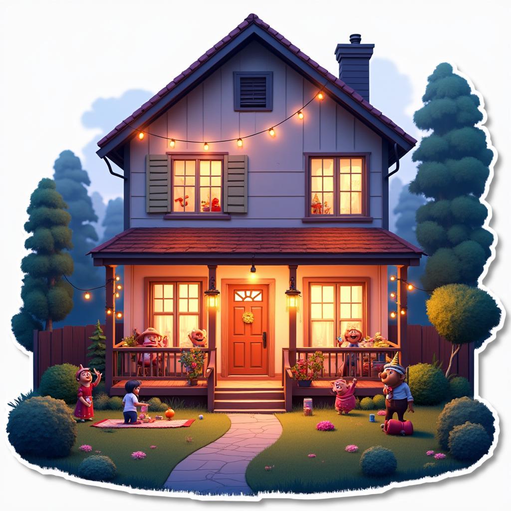 3D rendered house with vibrant party decorations and characters