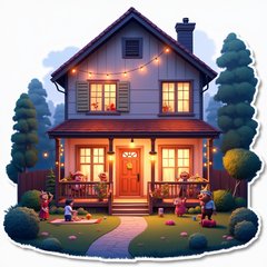 3D rendered house with vibrant party decorations and characters