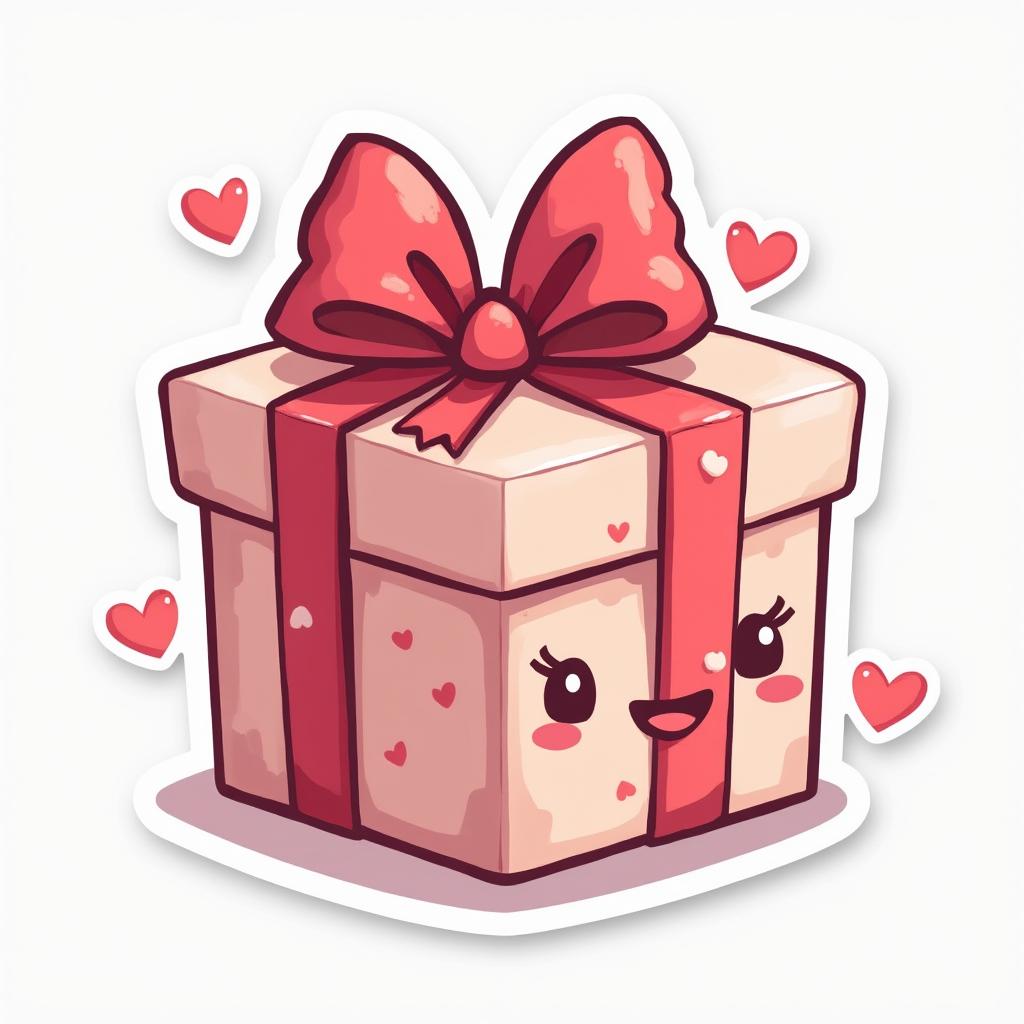 Emoji-style gift box surrounded by hearts