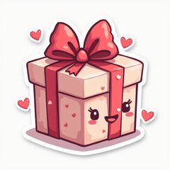 Emoji-style gift box surrounded by hearts
