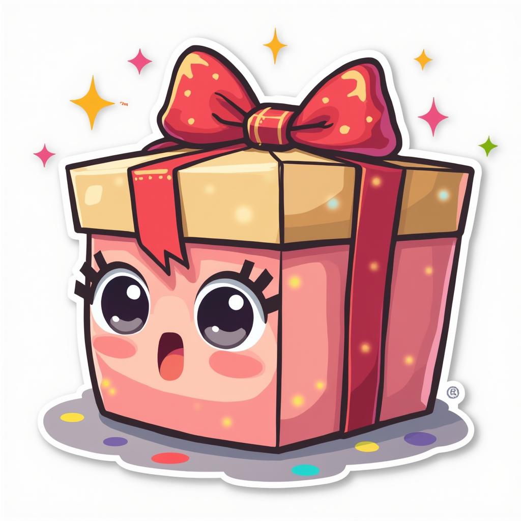 Kawaii gift box with big eyes and surprised expression surrounded by confetti