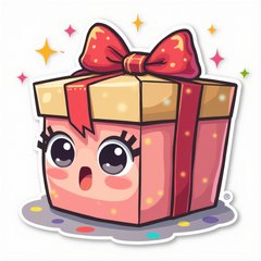 Kawaii gift box with big eyes and surprised expression surrounded by confetti