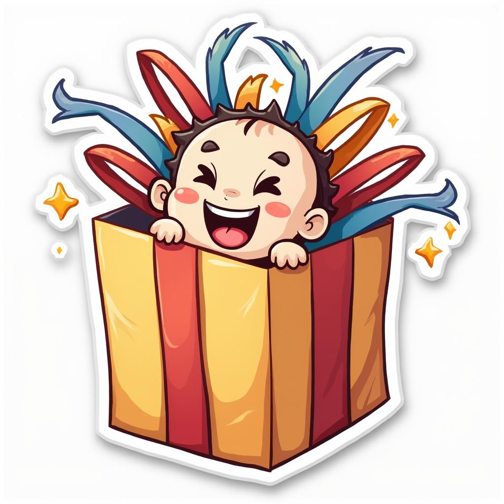 Cartoon present bursting open with ribbons and a joyful character inside