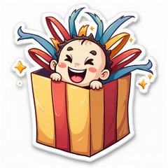 Cartoon present bursting open with ribbons and a joyful character inside