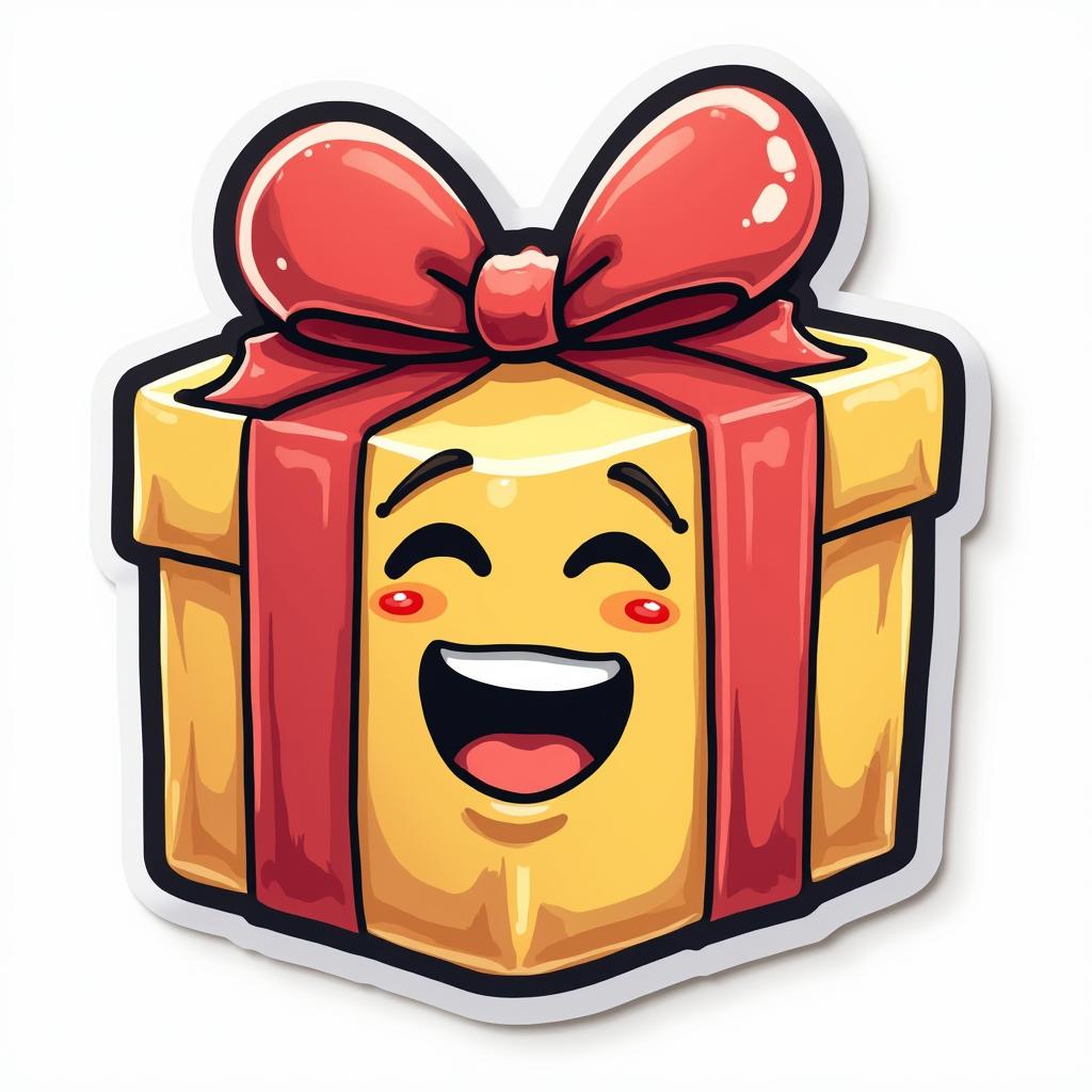 Emoji-style present with a big bow and excited face