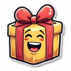 Emoji-style present with a big bow and excited face