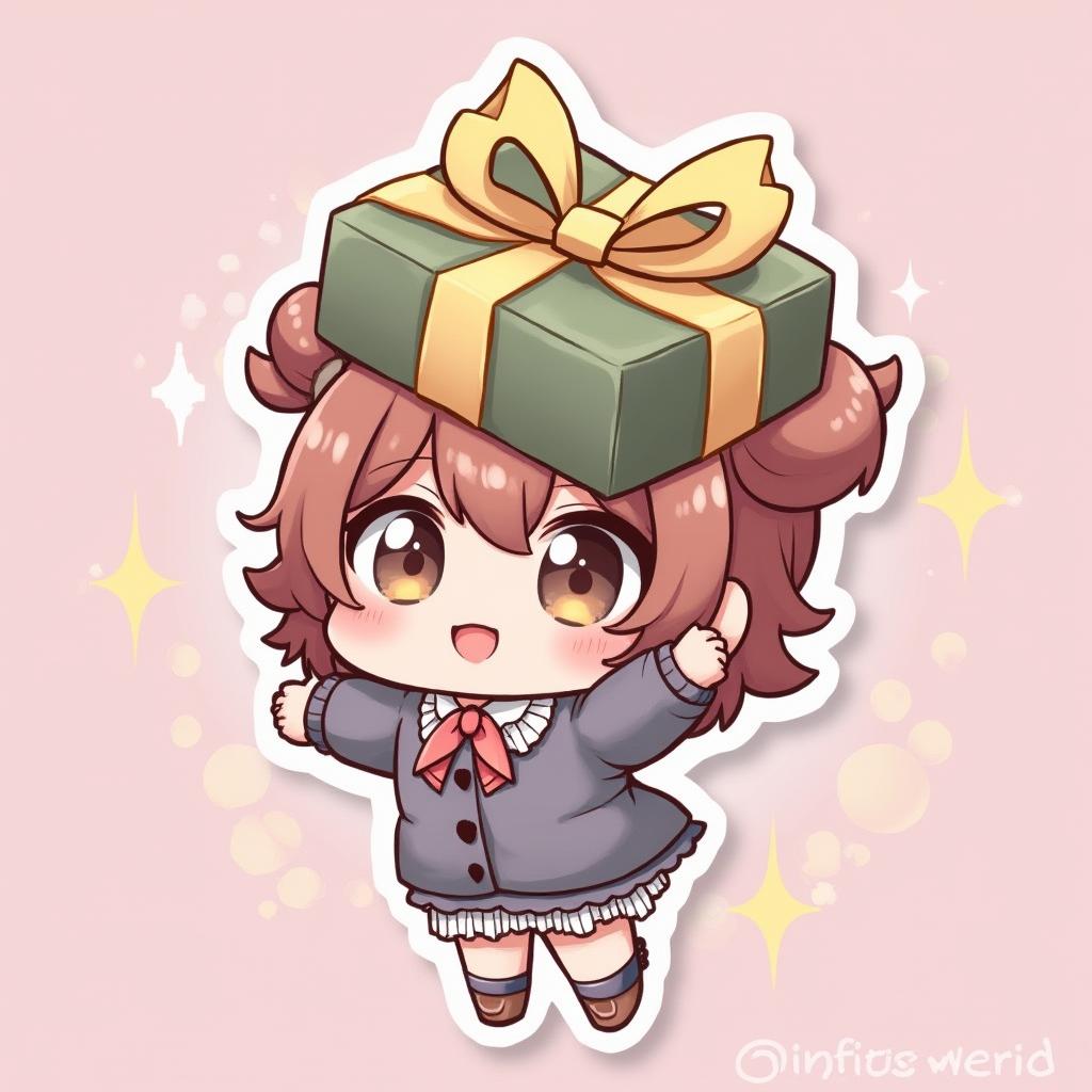 Chibi character holding a large present with sparkling eyes and a smile