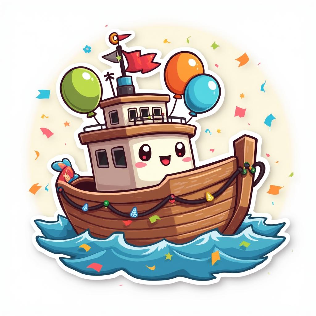 Emoji-style festive ship with party lights and balloons