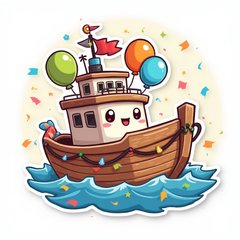 Emoji-style festive ship with party lights and balloons