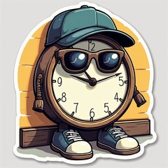 Cool clock with sunglasses and cap leaning against a wall