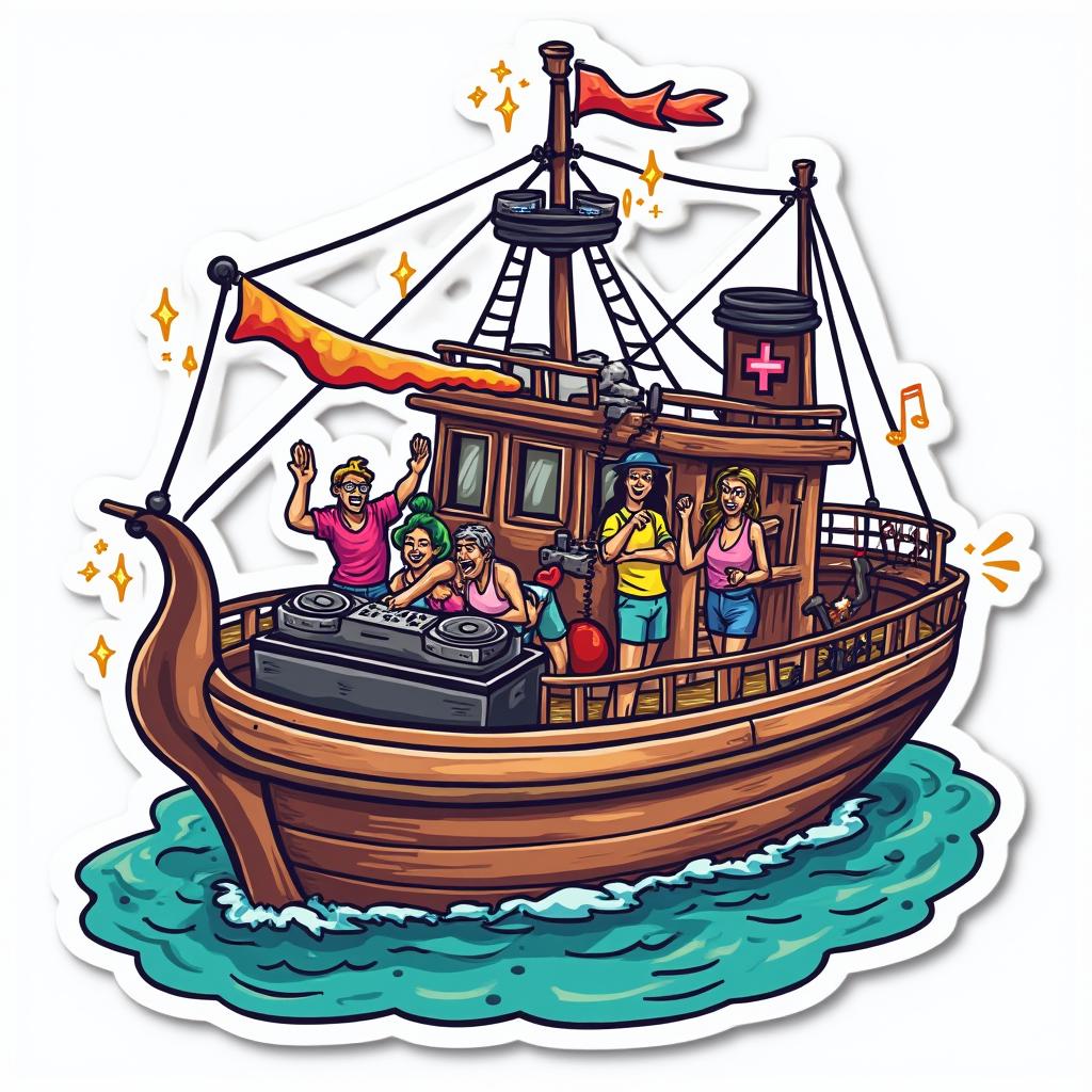 Pop culture party ship with DJ and characters dancing