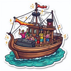 Pop culture party ship with DJ and characters dancing