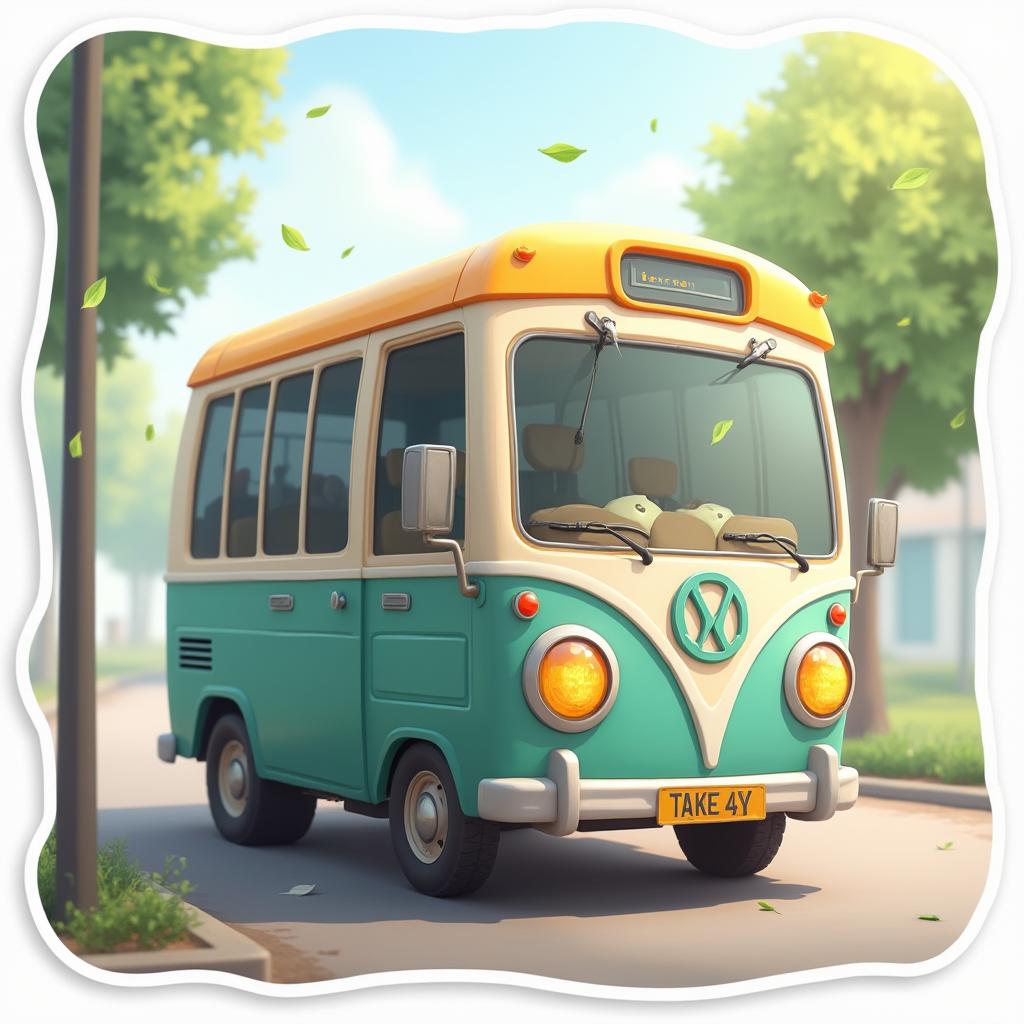 3D rendered bus with sleepy eyes parked in a quiet area
