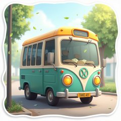 3D rendered bus with sleepy eyes parked in a quiet area