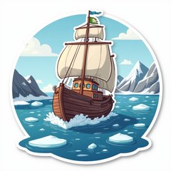 Cartoon ship navigating icy waters with icebergs