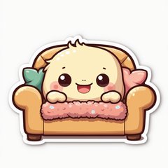Kawaii sofa with big eyes and arms, surrounded by pillows and a blanket, looking chill