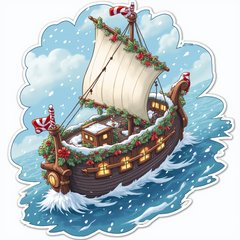 Anime ship adorned with winter decorations in snowy landscape