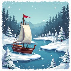 Pixel art ship sailing through a winter scene with snow-covered trees