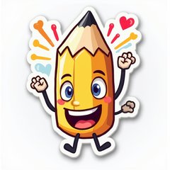 Emoji style pencil with funny face and colorful scribbles