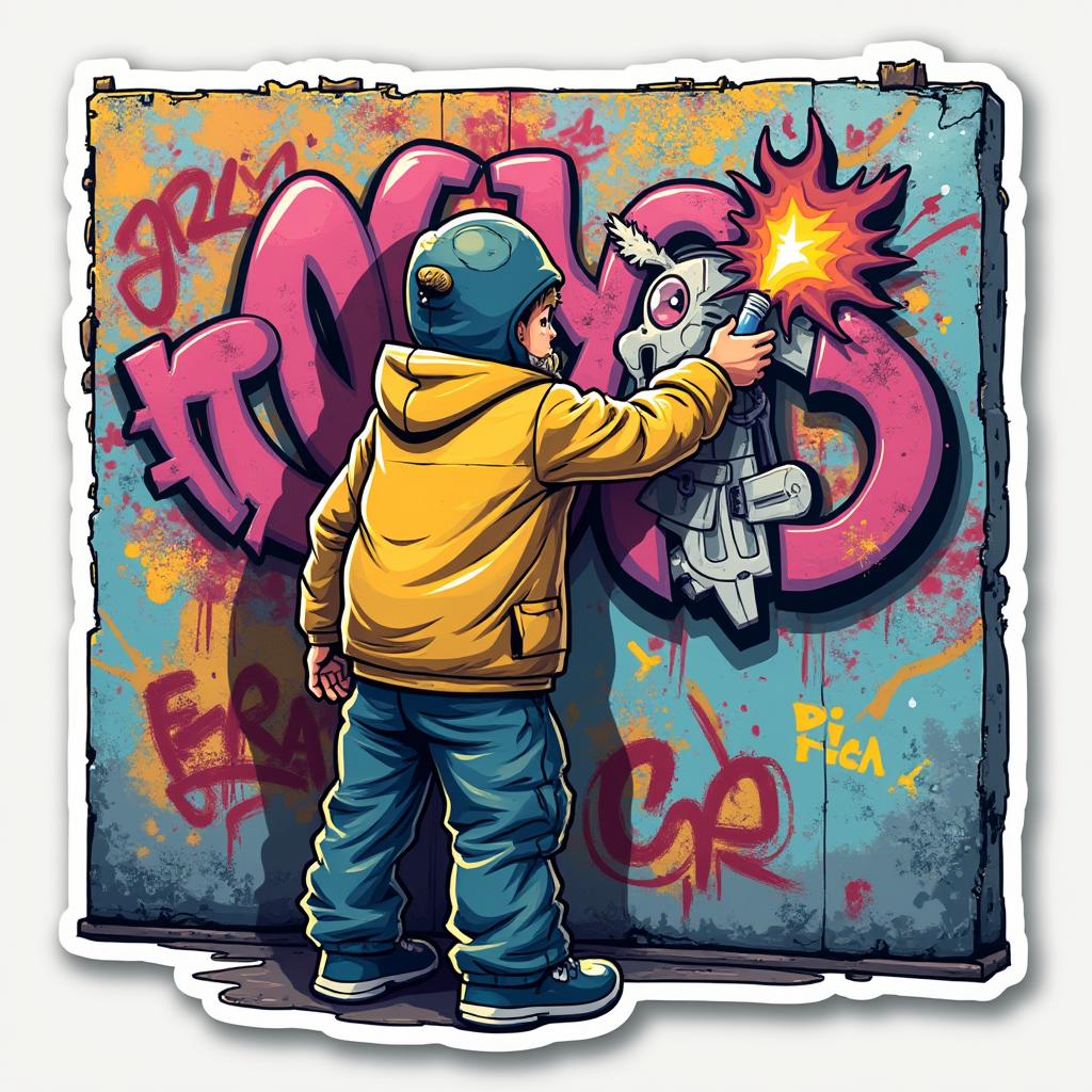 Graffiti style pencil spray painting colorful art on a wall