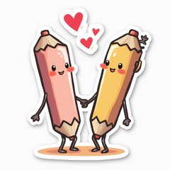 Kawaii pens holding hands with hearts around them