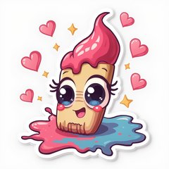 Kawaii paintbrush with big eyes splattering colorful paint and surrounded by hearts