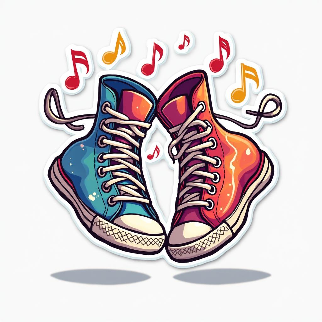 Cartoon sneakers dancing surrounded by musical notes