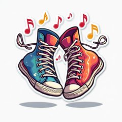 Cartoon sneakers dancing surrounded by musical notes