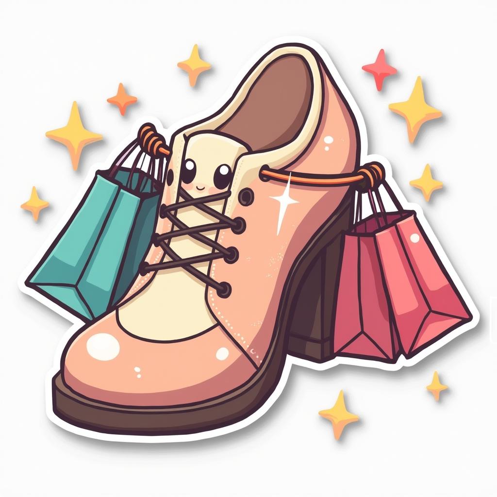 Kawaii shoe with shopping bags and sparkling eyes