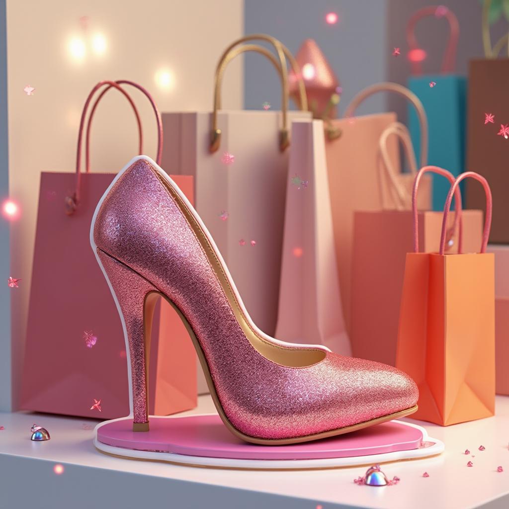 3D rendered glamorous shoe on a display stand with bags