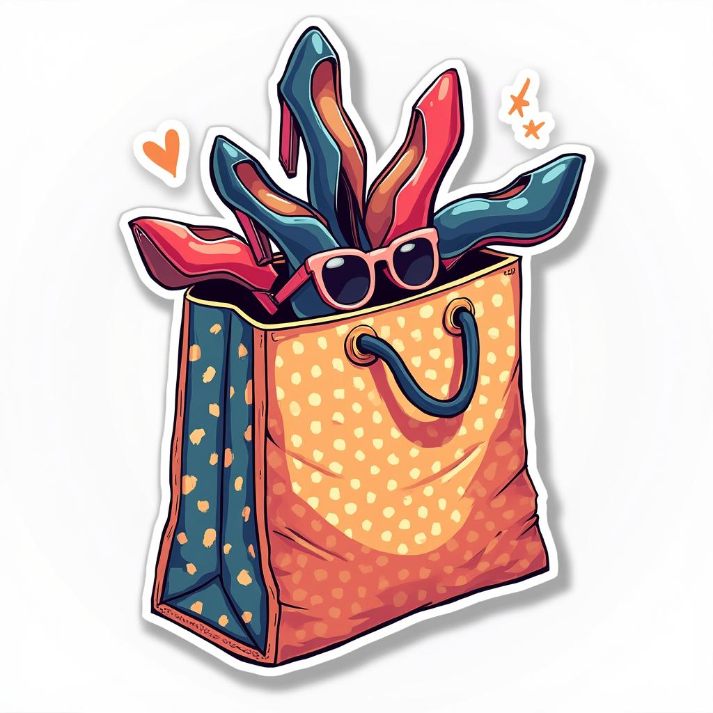 Fashionable shopping bag with trendy items like high heels and sunglasses