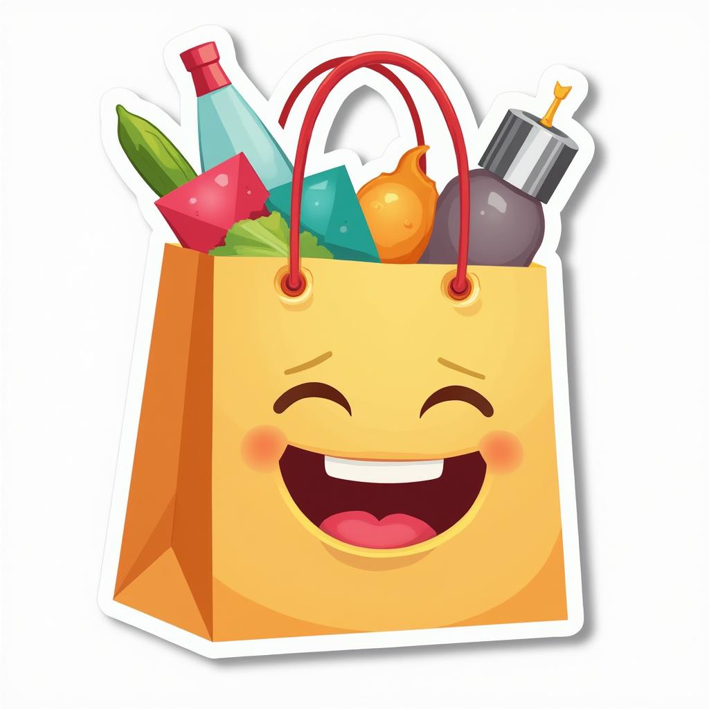 Emoji-style cheerful shopping bag with colorful items