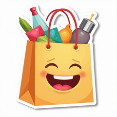 Emoji-style cheerful shopping bag with colorful items