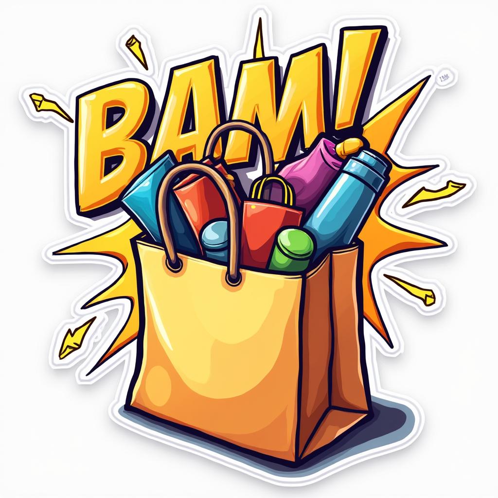 Comic book sticker of a bursting shopping bag with action lines