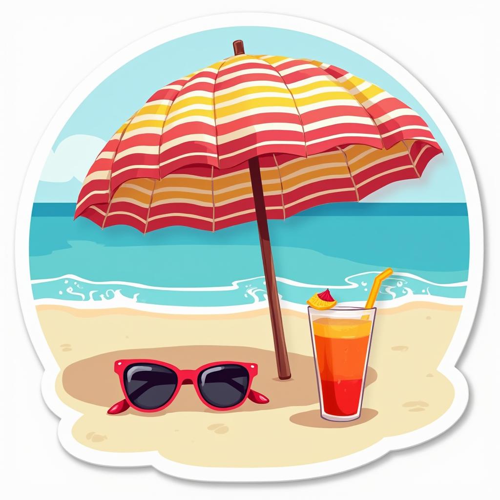 Beach umbrella on sand with sunglasses and drink, summer vibe