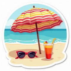 Beach umbrella on sand with sunglasses and drink, summer vibe