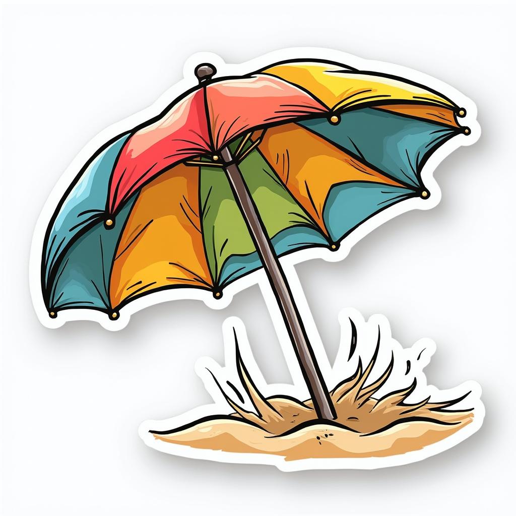 Comic book style beach umbrella being blown by the wind with action lines