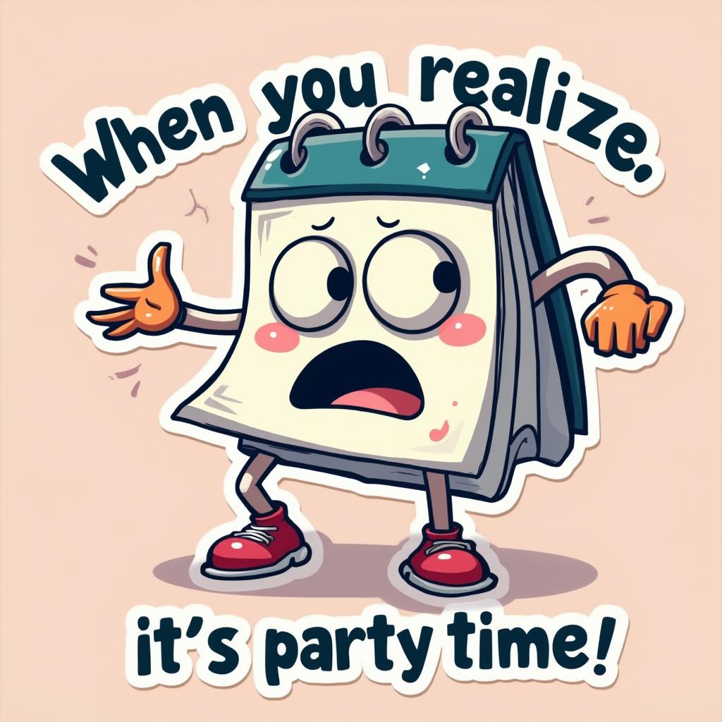 Meme-style calendar character with a shocked face and party caption