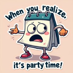 Meme-style calendar character with a shocked face and party caption