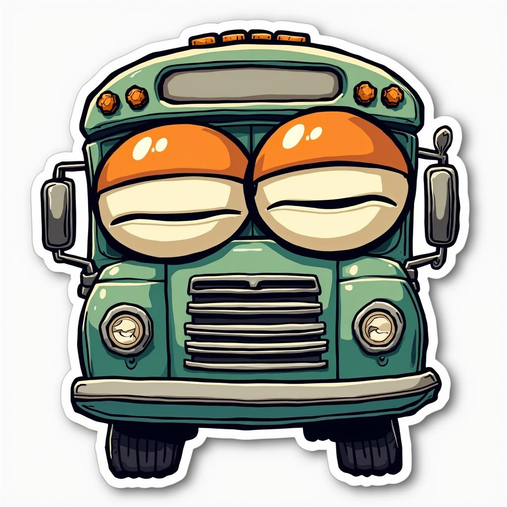 Comic book style bus with half-closed eyes and action lines