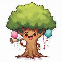 Kawaii tree with party blower, balloons, and big smile