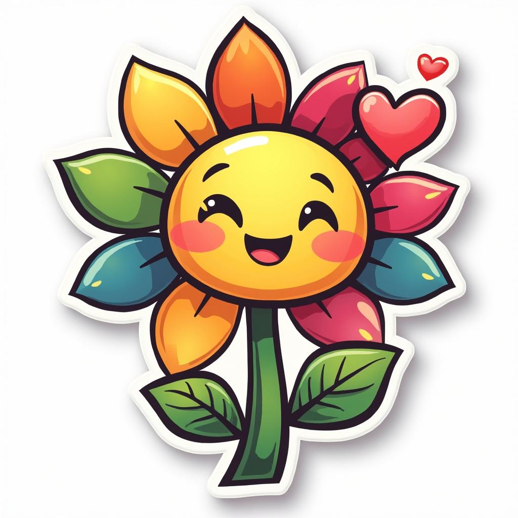 Emoji-style flower with a grateful expression and heart