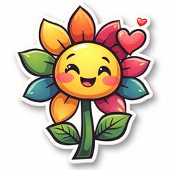 Emoji-style flower with a grateful expression and heart