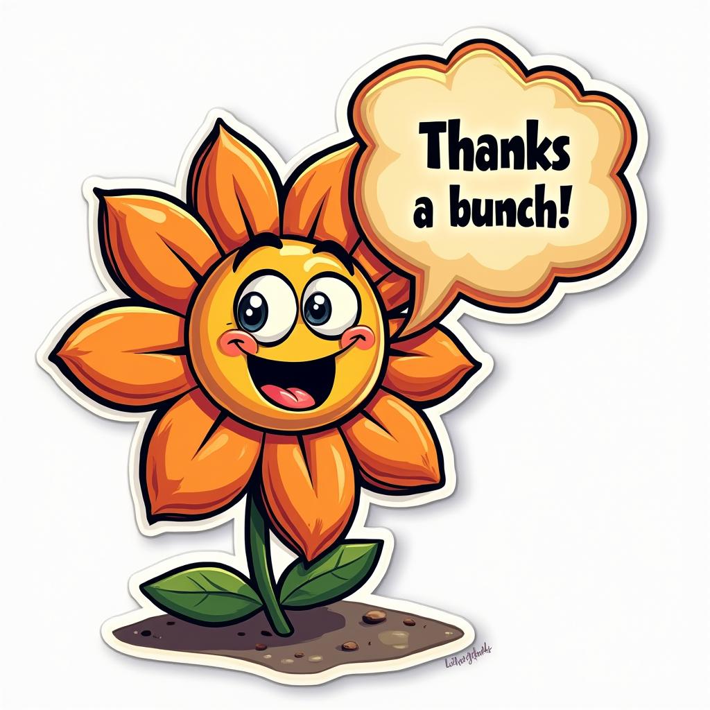 Comic book flower character saying 'Thanks a bunch!'