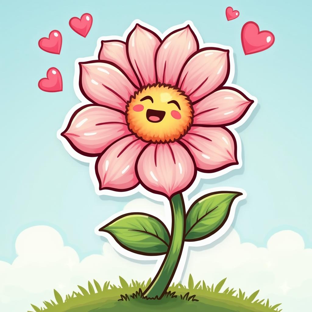 Cartoon flower blowing kisses with hearts in the sky