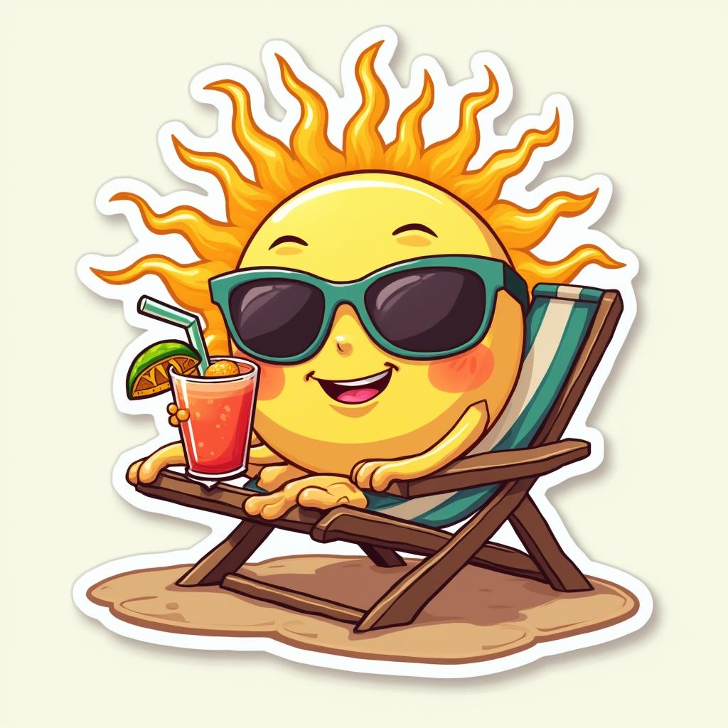 Cartoon sun relaxing on a beach chair with sunglasses