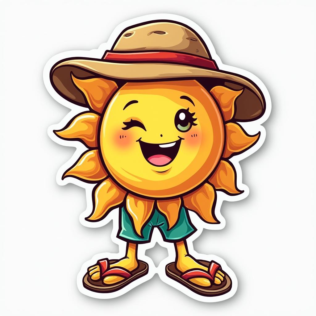 Sun character wearing beach clothes and a straw hat