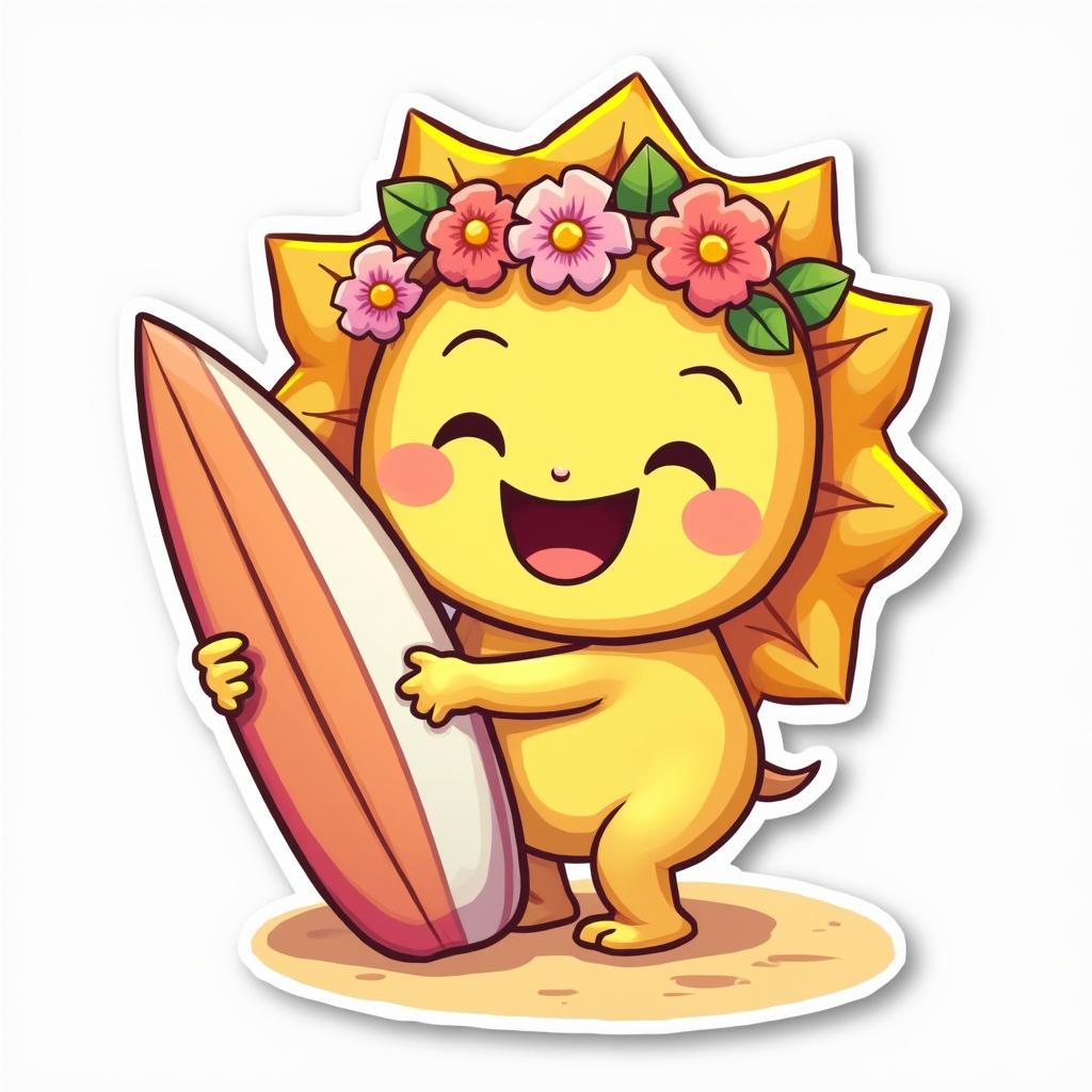 Kawaii sun with a surfboard and flower crown